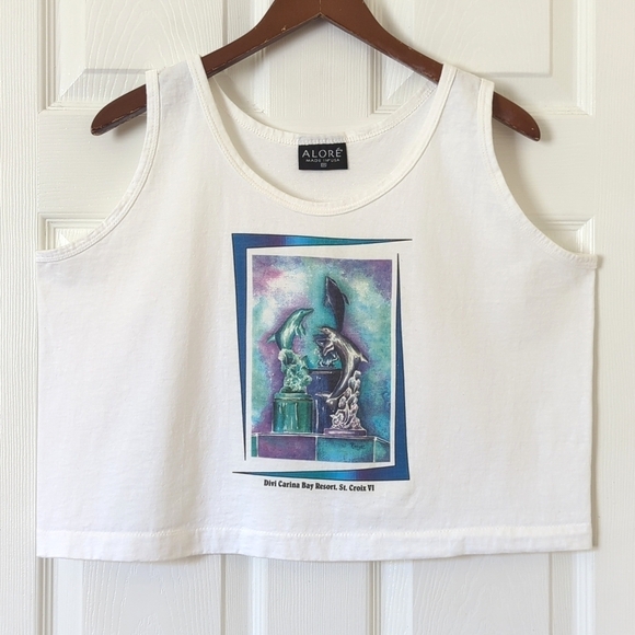 Alore 90's Vintage Funky Dolphin Graphic Scoop Neck Cropped Tank Top White OS - Picture 1 of 10